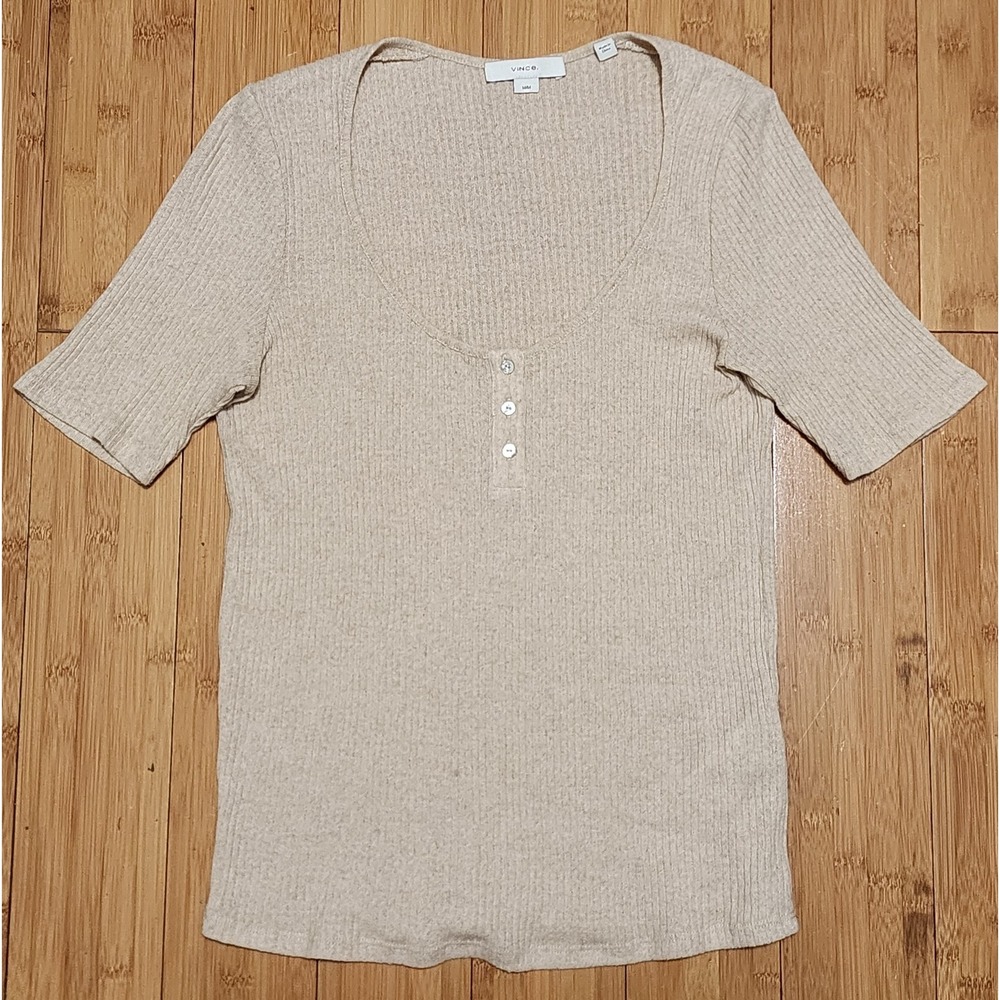 Vince Women Medium Beige Elbow Sleeve Scoop Neck Ribbed Linen Henley VX05283700
